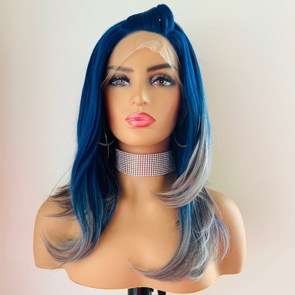 Angled Blue Grey 13x2.5 Synthetic Lace Front Wig - Picture 7 of 12